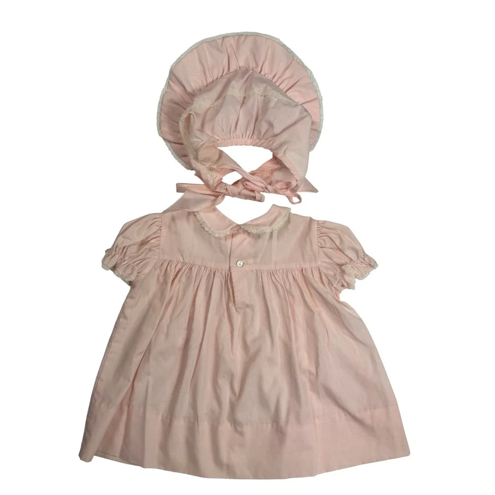Polly Flinders Vintage Cottagecore Coquette Baby Dress Bonnet Set Pink Cotton
